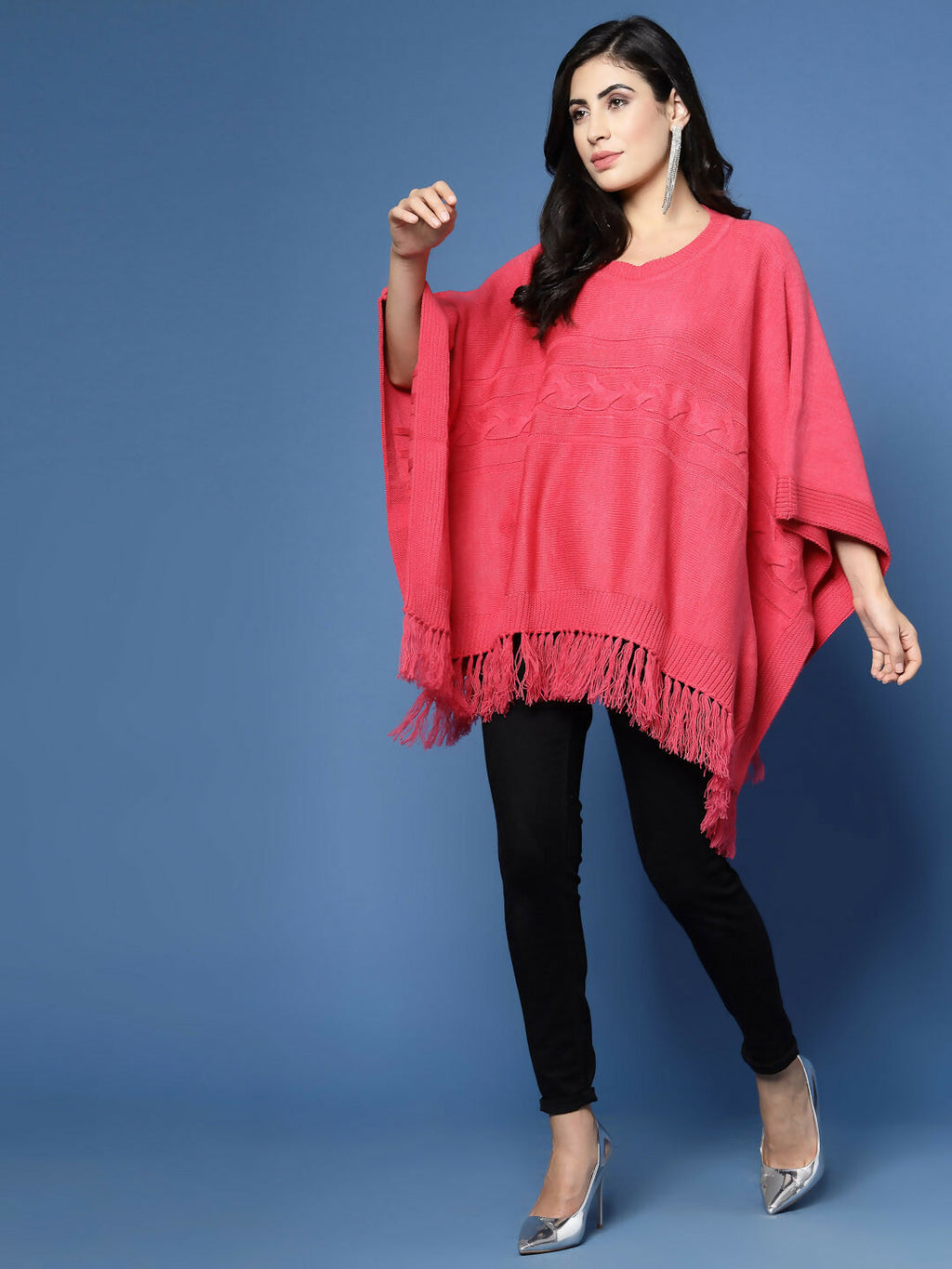 Women Fuchsia Acrylic Self Design Poncho - Wool Trees | Grocsy