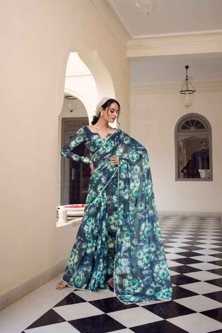 Vastranavya Navy Blue Weightless Marble Printed & Pearl Lace Border Saree with Unstitched Blouse | Grocsy