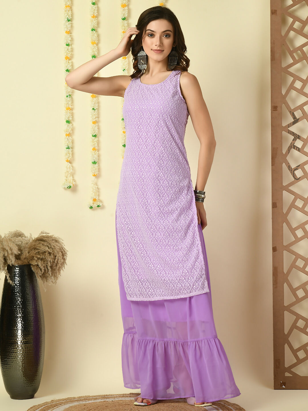 Myshka Women's Purple Georgette Kurta & Skirt With Dupatta Party Sets | Grocsy