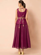 Indya Women Wine-Colored Embroidered Belted Peplum Layered Kurta | Grocsy