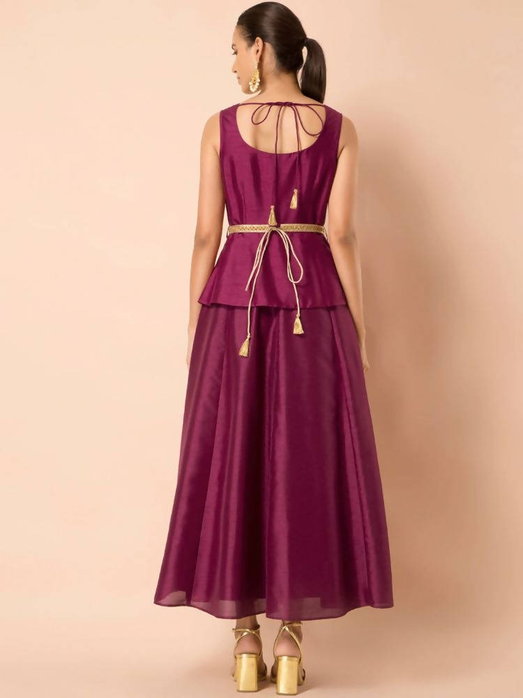 Indya Women Wine-Colored Embroidered Belted Peplum Layered Kurta | Grocsy