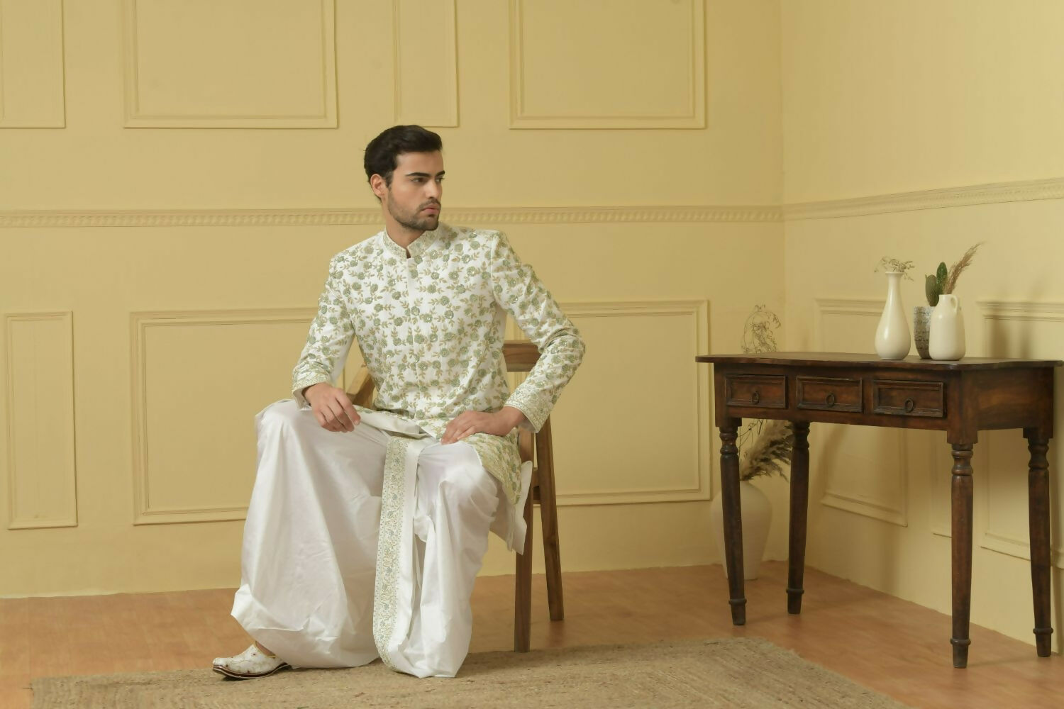 Off White Embroidered Sherwani by Hilo Design | Grocsy