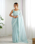 Georgette Designer Sequance Embroidery Work Party Wear Saree - Sky Blue | Grocsy