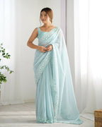 Georgette Designer Sequance Embroidery Work Party Wear Saree - Sky Blue | Grocsy