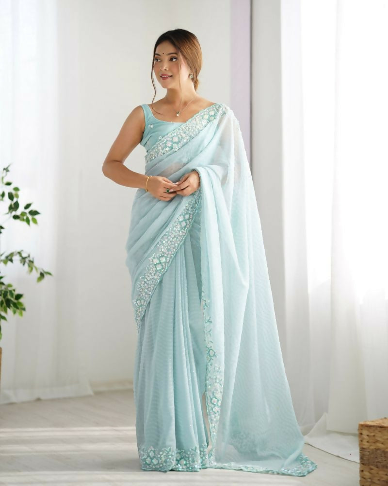 Georgette Designer Sequance Embroidery Work Party Wear Saree - Sky Blue | Grocsy