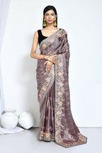 Purple Satin Silk Sequence Embroidered with Stone work Saree - Nimaya Benzy | Grocsy