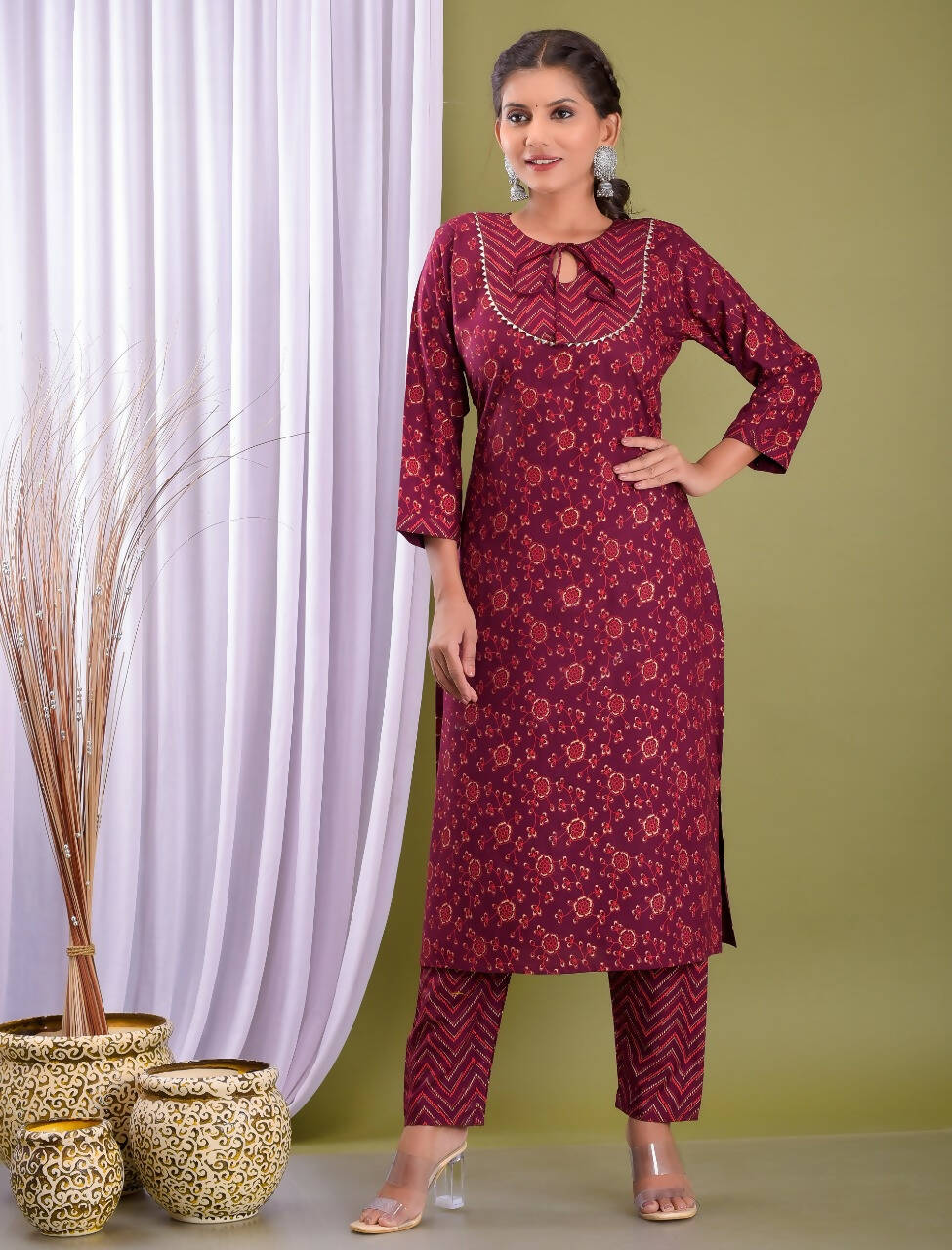 Vamika Foil Print Rayon Wine Red Party Wear/Casual Wear Kurta Set/Suit | Grocsy