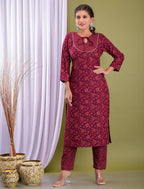 Vamika Foil Print Rayon Wine Red Party Wear/Casual Wear Kurta Set/Suit | Grocsy