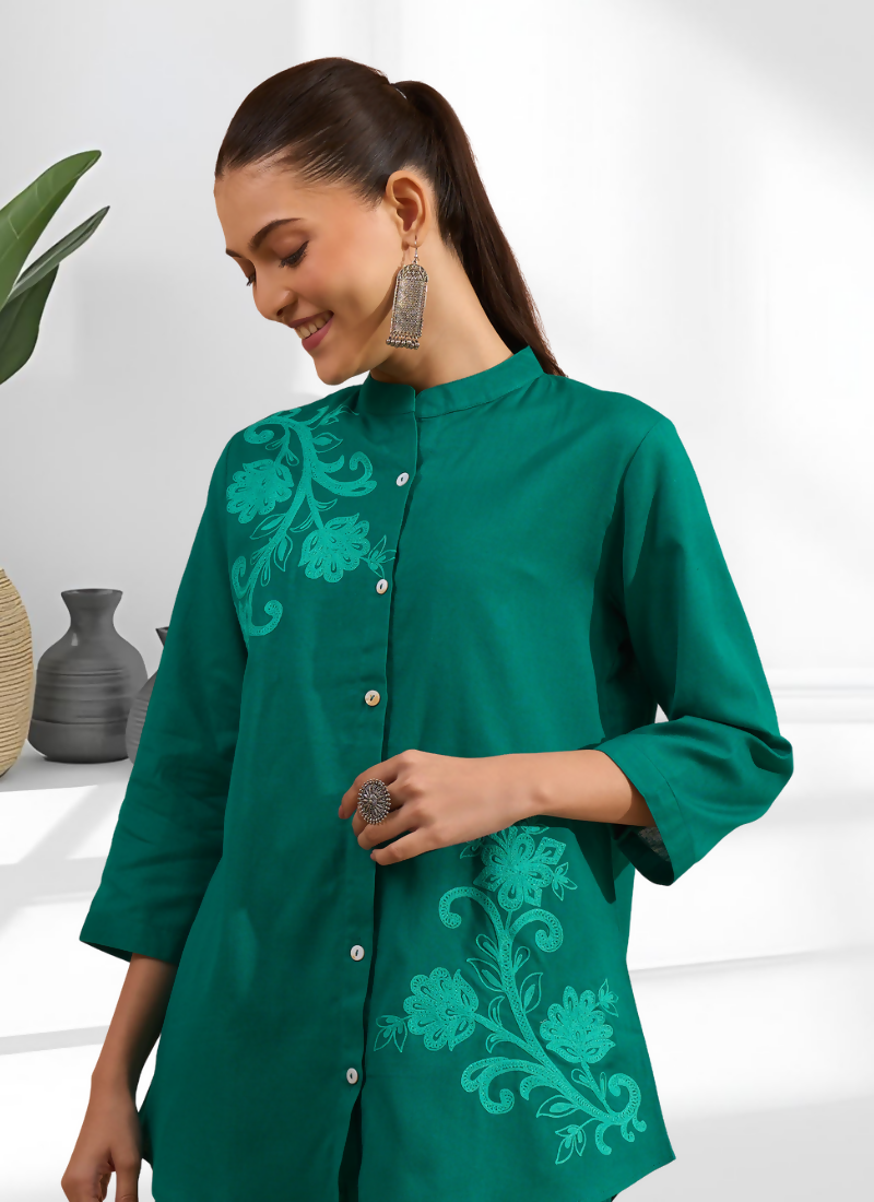 Joban Fashion Green Cotton, Linen Embroidered Readymade Cord Set | Grocsy
