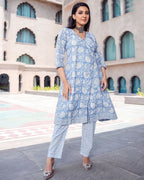 Aayaa Pure Muslin printed Kurti & Pant - Sky blue | Grocsy