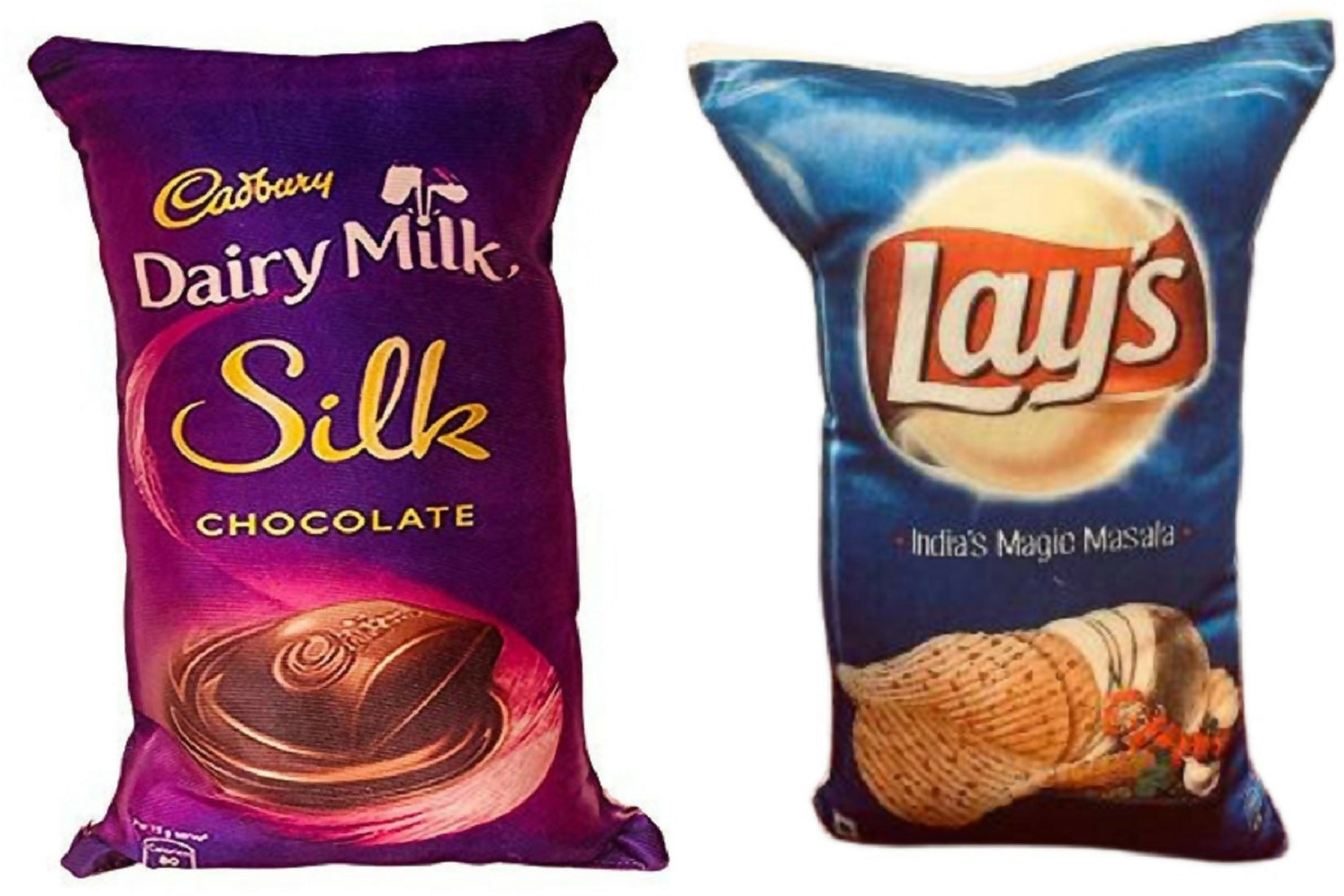 Unique Fashion Pack of 2 Microfibre Filled Reversible Cushion For Kids - Dairy Milk Silk And Blue Lays | Grocsy