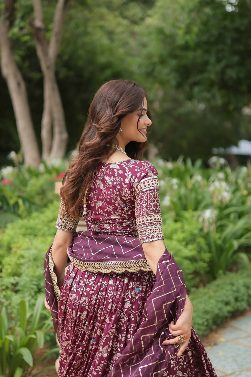 Lorenvalley Wine Pure Viscose Jacquard with Golden Embroidered Sequins work Lehenga Choli | Grocsy