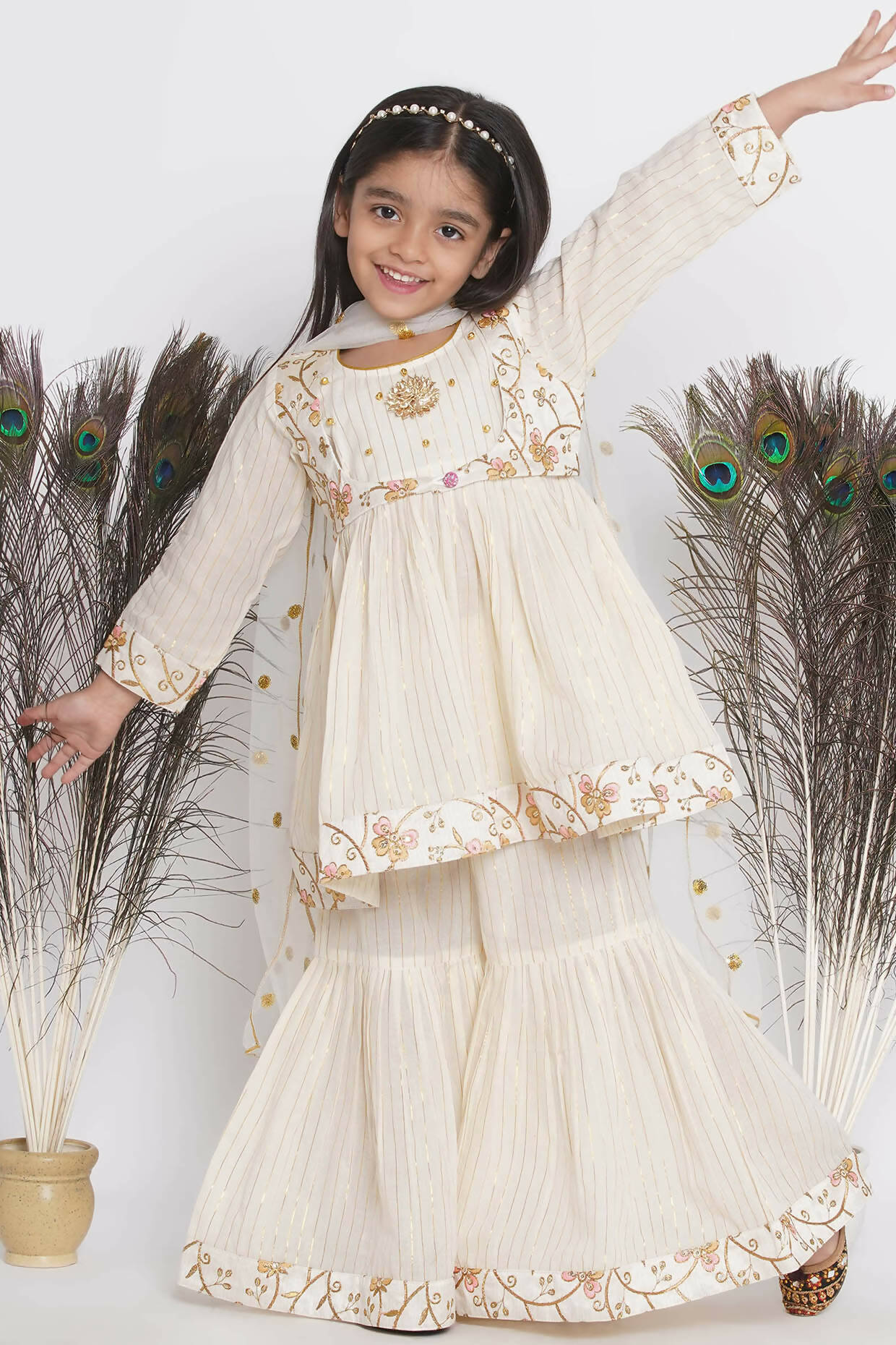 Little Bansi Floral Embroidery Jacket With Cotton Lurex Frock Sharara And Dupatta With Ghungroo Handwork - Cream | Grocsy