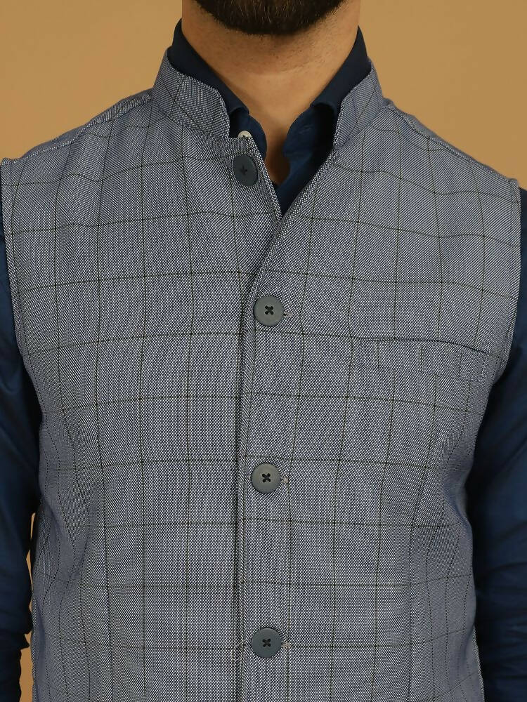 Even Apparels Nehru Jacket With Welt Pockets - Blue | Grocsy