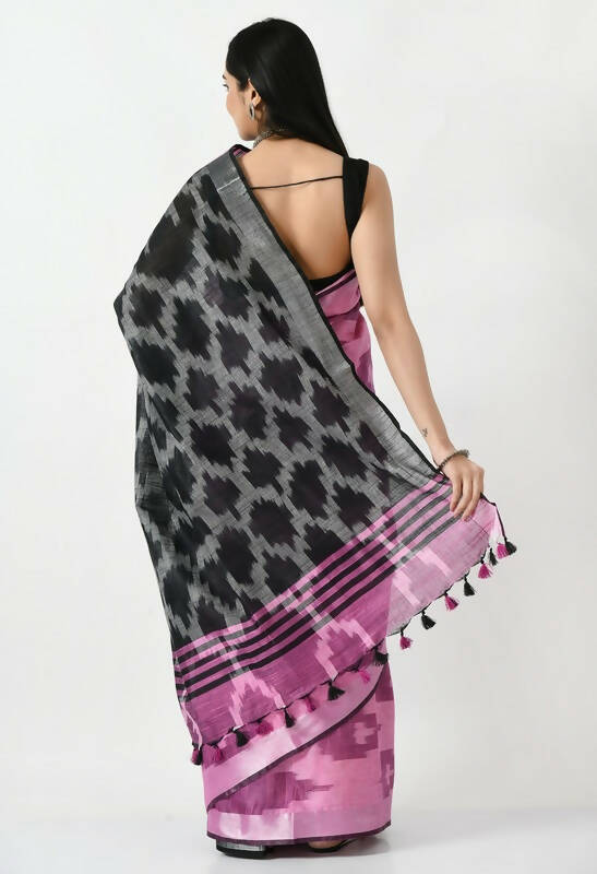 Mominos Fashion Moeza Pink & Black Bhagalpuri Handloom Ikat Pure Cotton Saree with unstitched Blouse piece | Grocsy