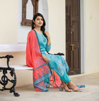 Kaajh Women's Sky Blue Printed Chanderi Kurta Pant Set With Dupatta | Grocsy