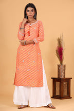 Kaajh Women's Orange Lehariya Print Kurta | Grocsy
