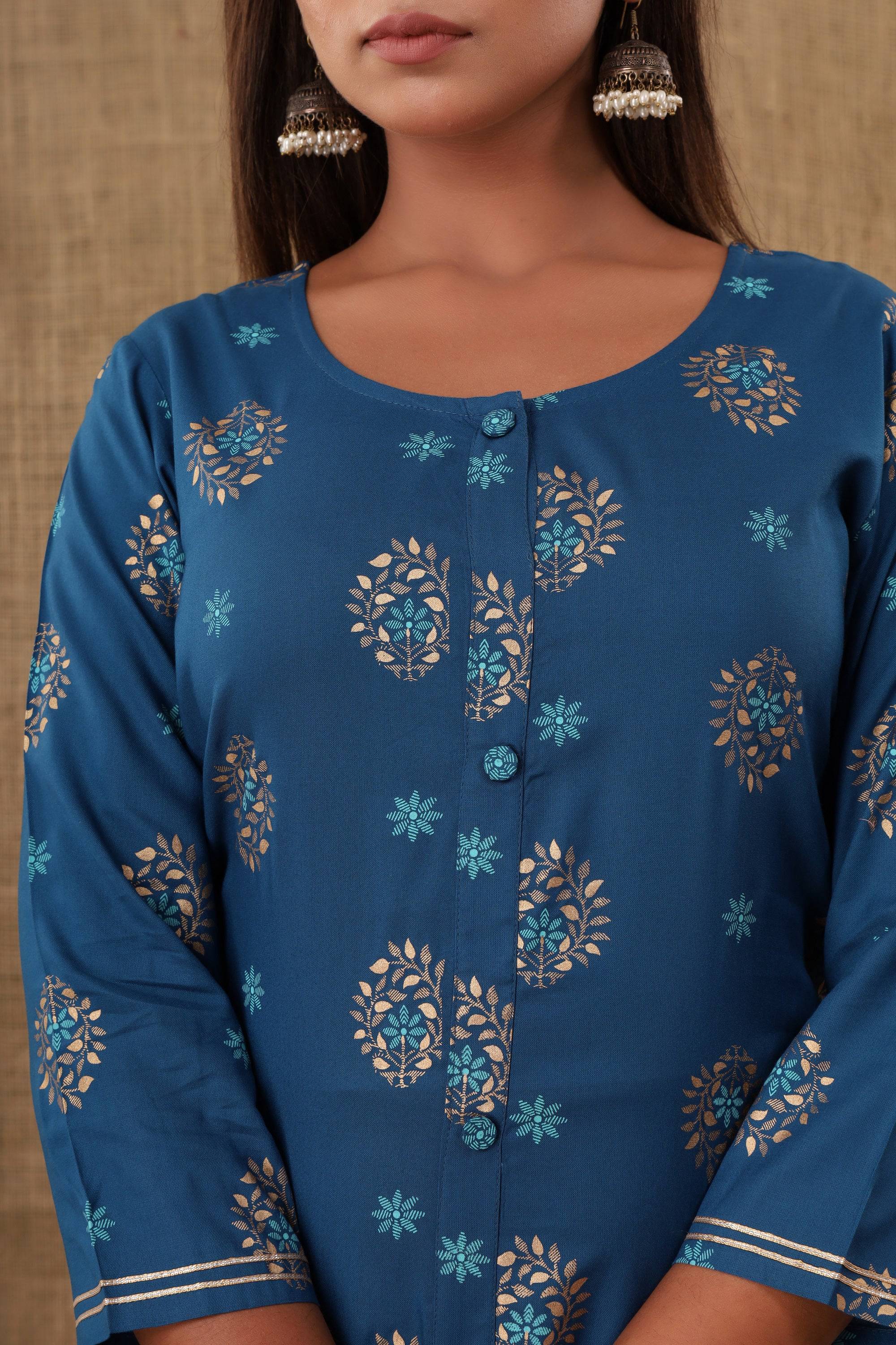 Kaajh Women's Blue Floral Print kurta | Grocsy