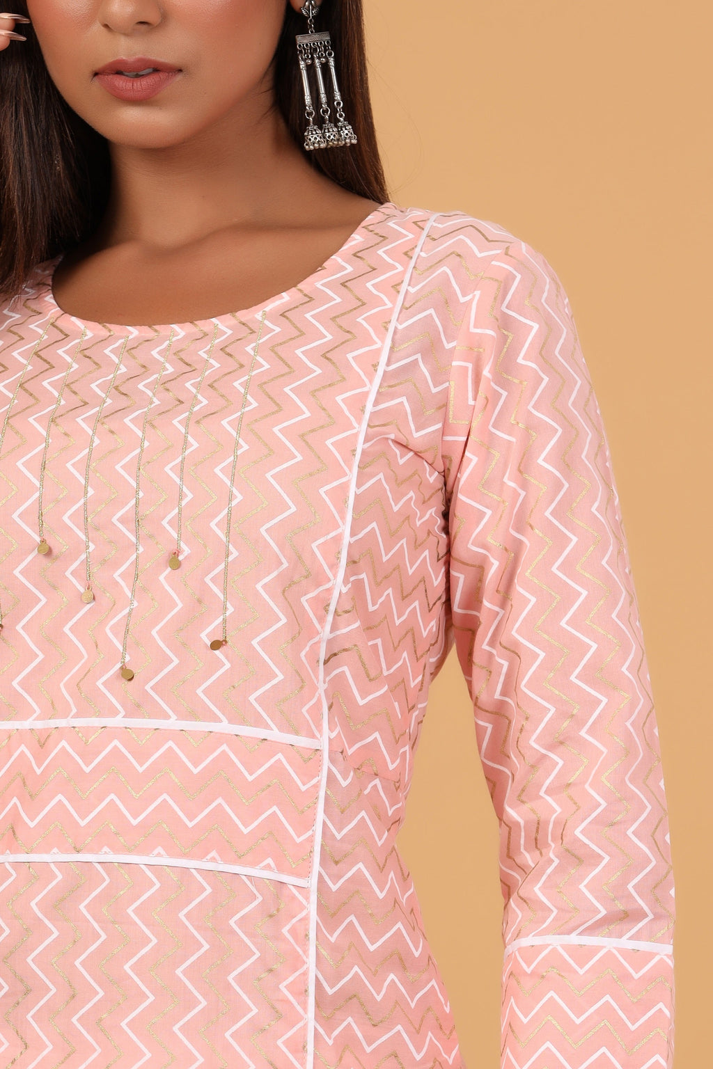 Kaajh Women's Pink Zigzag Print Kurta | Grocsy