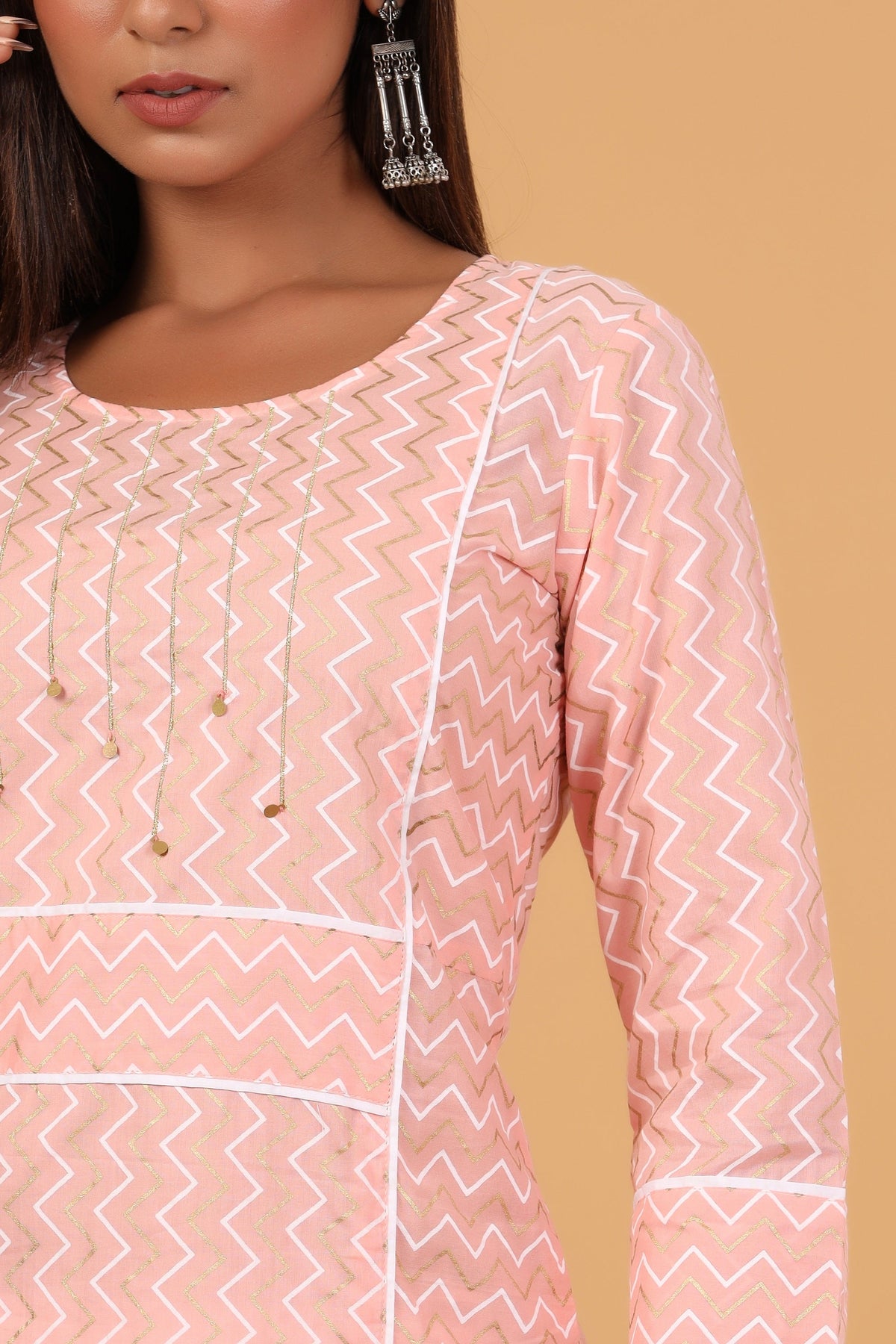 Kaajh Women's Pink Zigzag Print Kurta | Grocsy