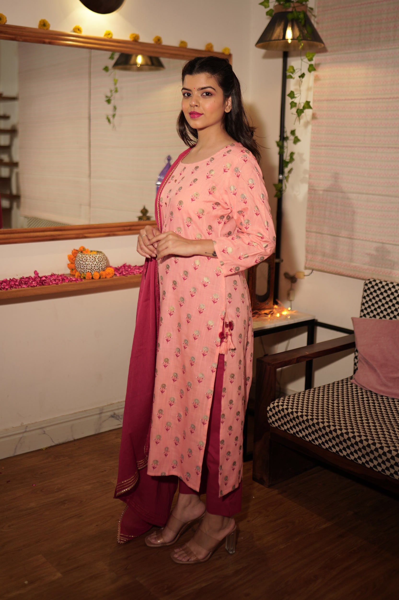 Kaajh Women's Pink Floral Gold Print Suit Set | Grocsy
