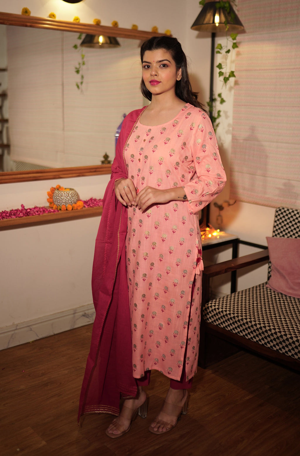 Kaajh Women's Pink Floral Gold Print Suit Set | Grocsy