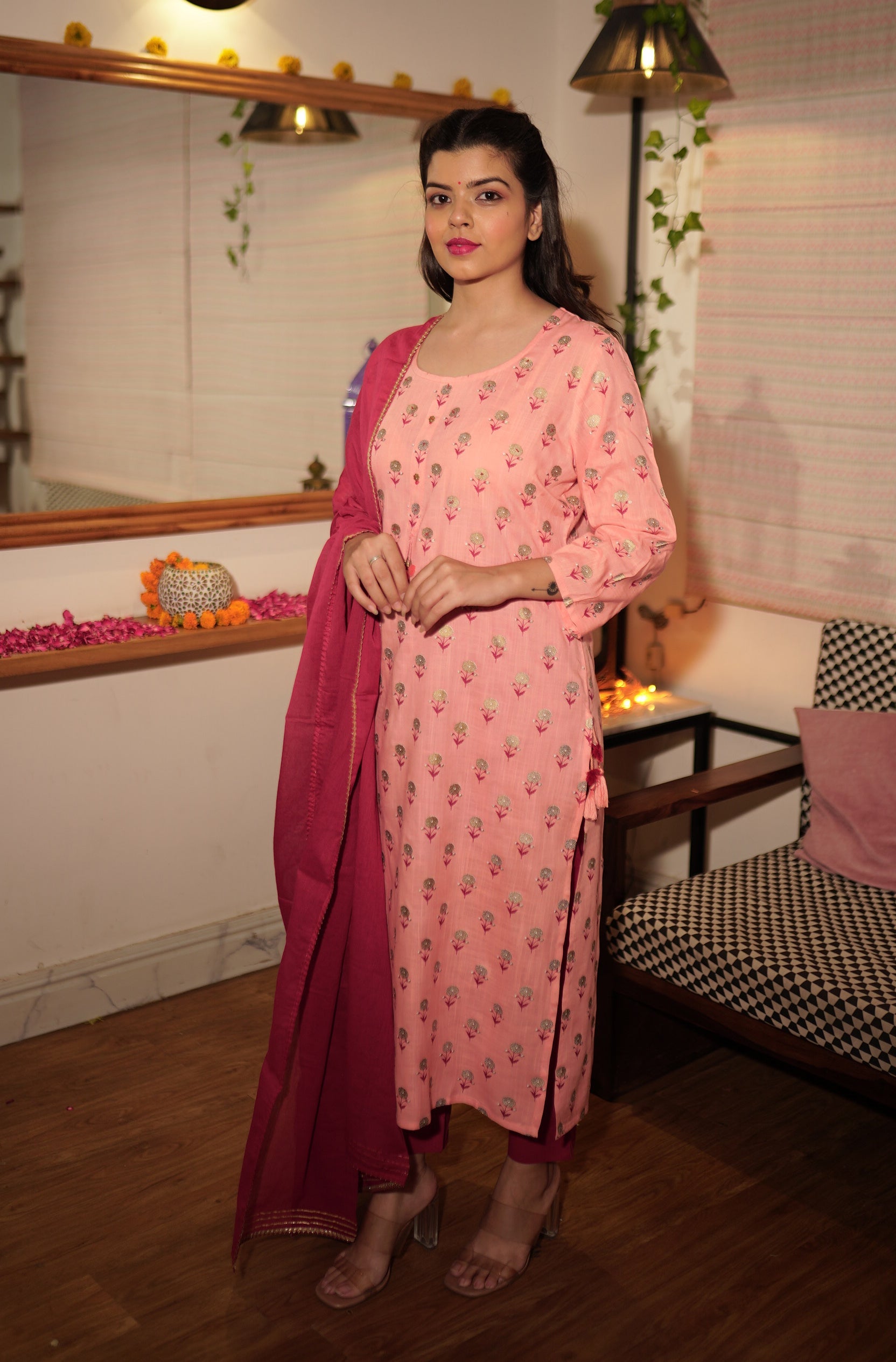 Kaajh Women's Pink Floral Gold Print Suit Set | Grocsy