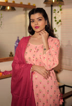 Kaajh Women's Pink Floral Gold Print Suit Set | Grocsy