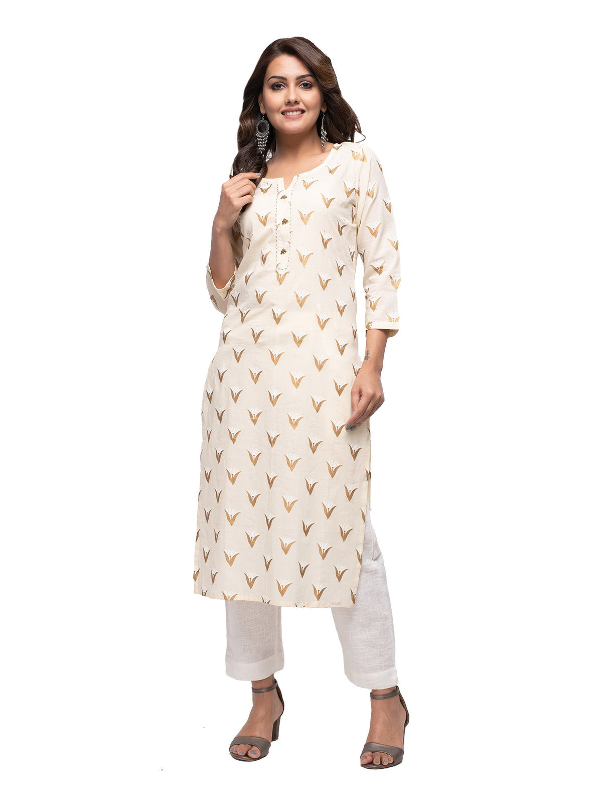Kaajh Women's Off White Gold Print kurta | Grocsy