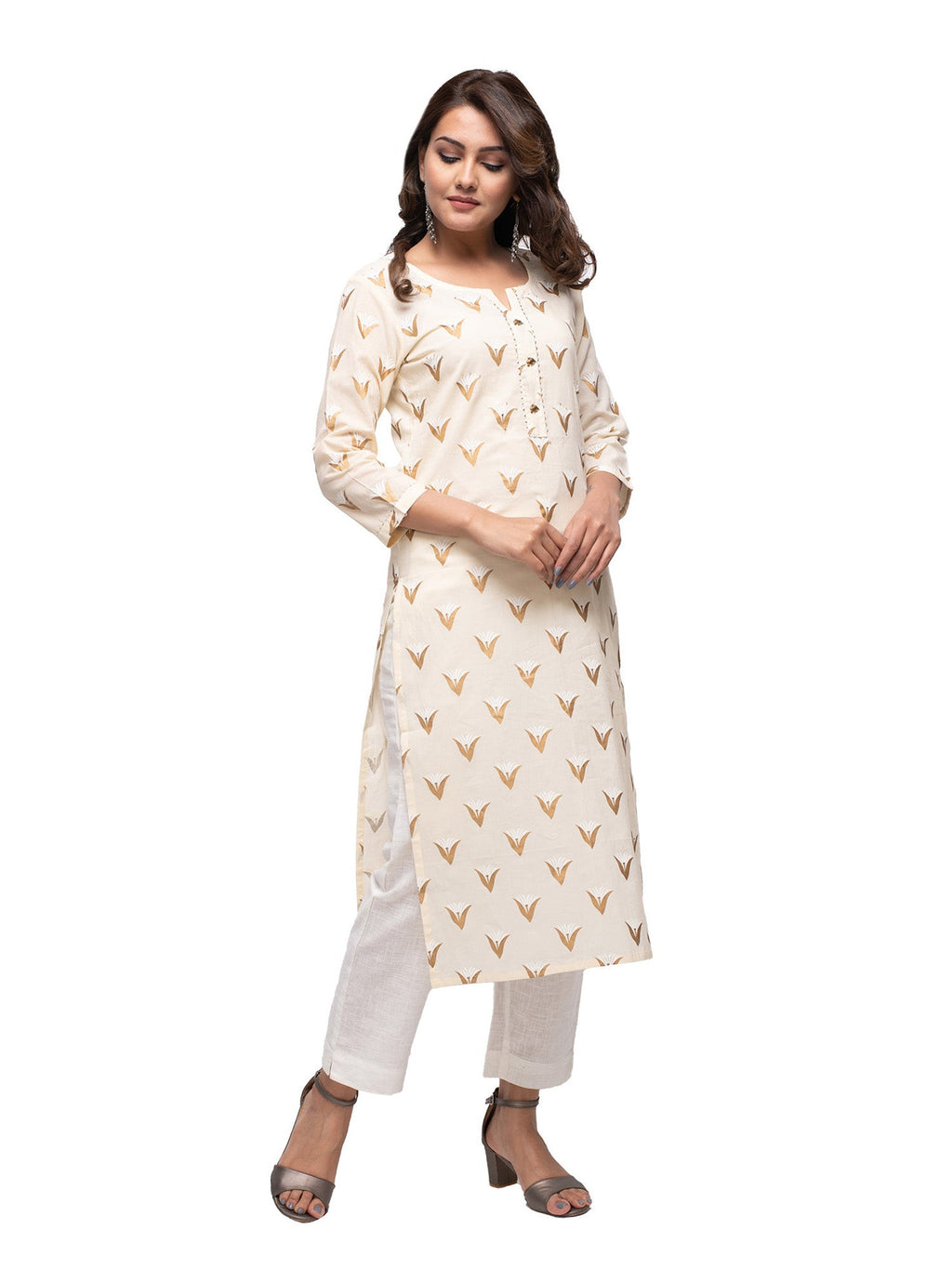 Kaajh Women's Off White Gold Print kurta | Grocsy
