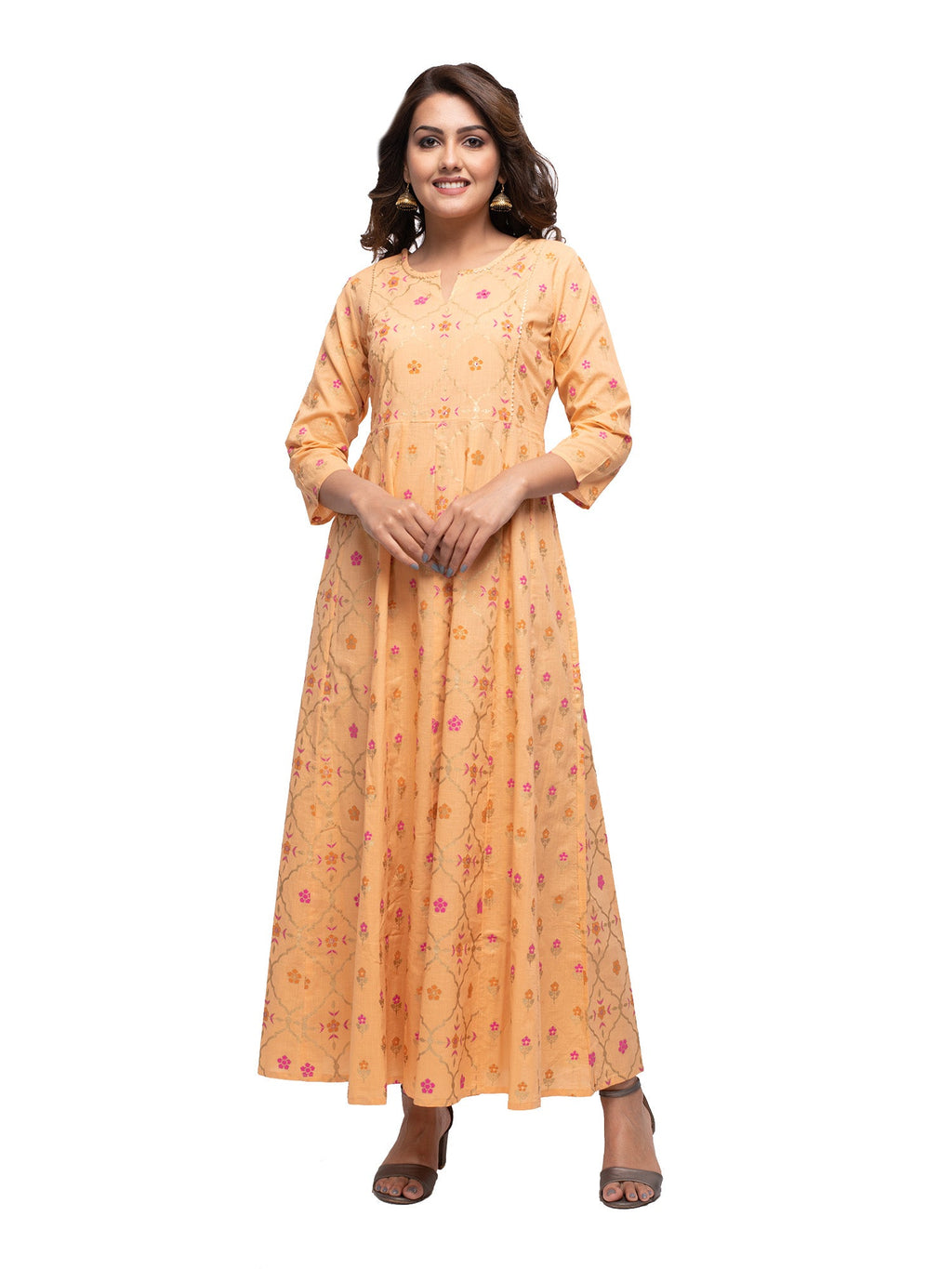 Kaajh Women's Orange Gold Print kurta | Grocsy