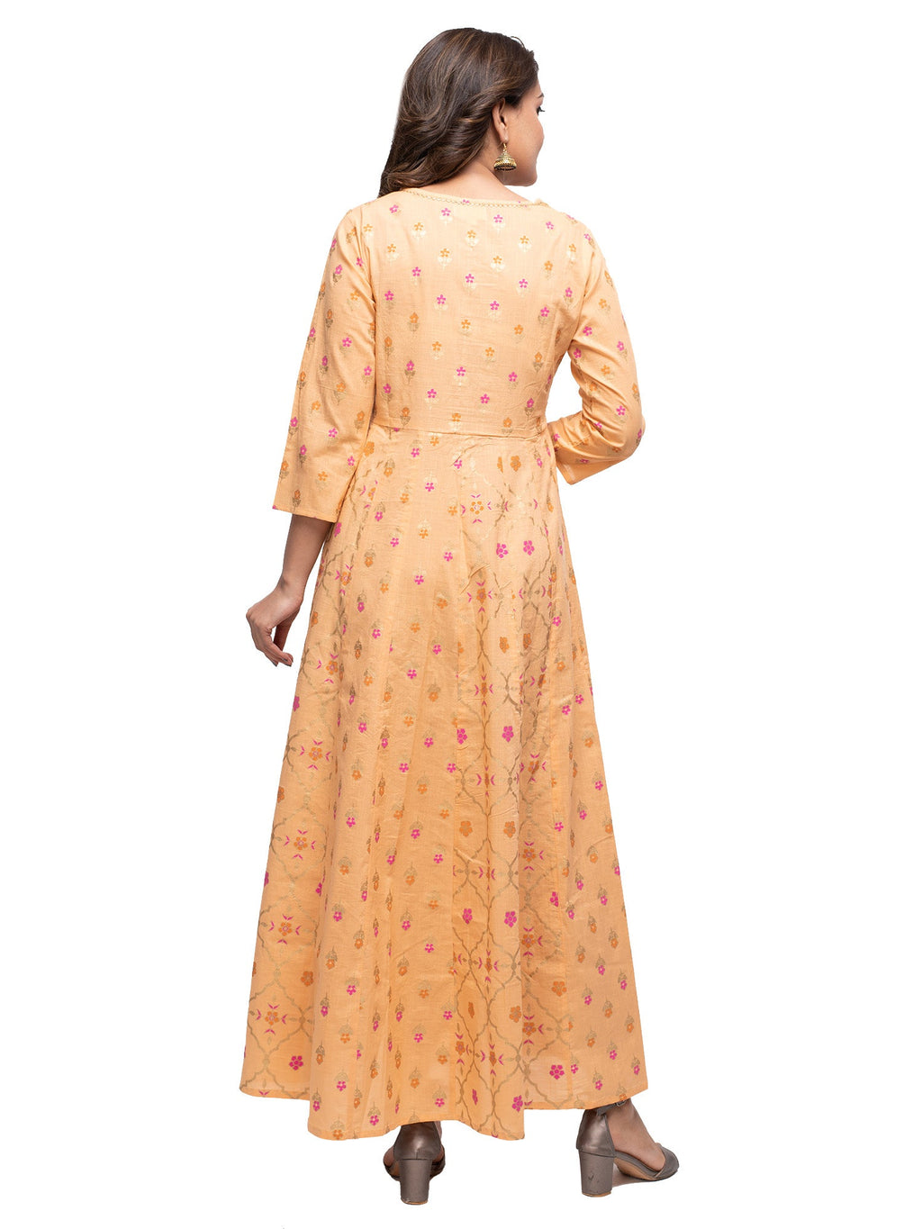 Kaajh Women's Orange Gold Print kurta | Grocsy