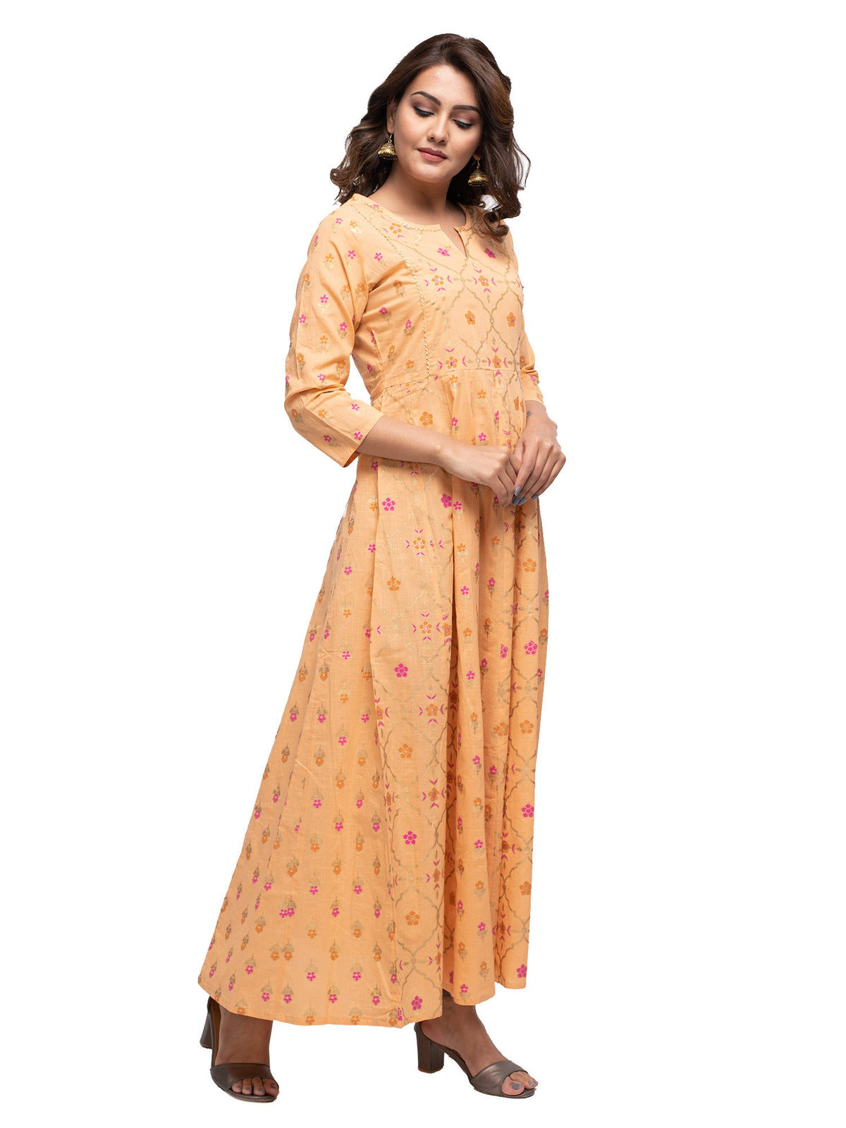 Kaajh Women's Orange Gold Print kurta | Grocsy