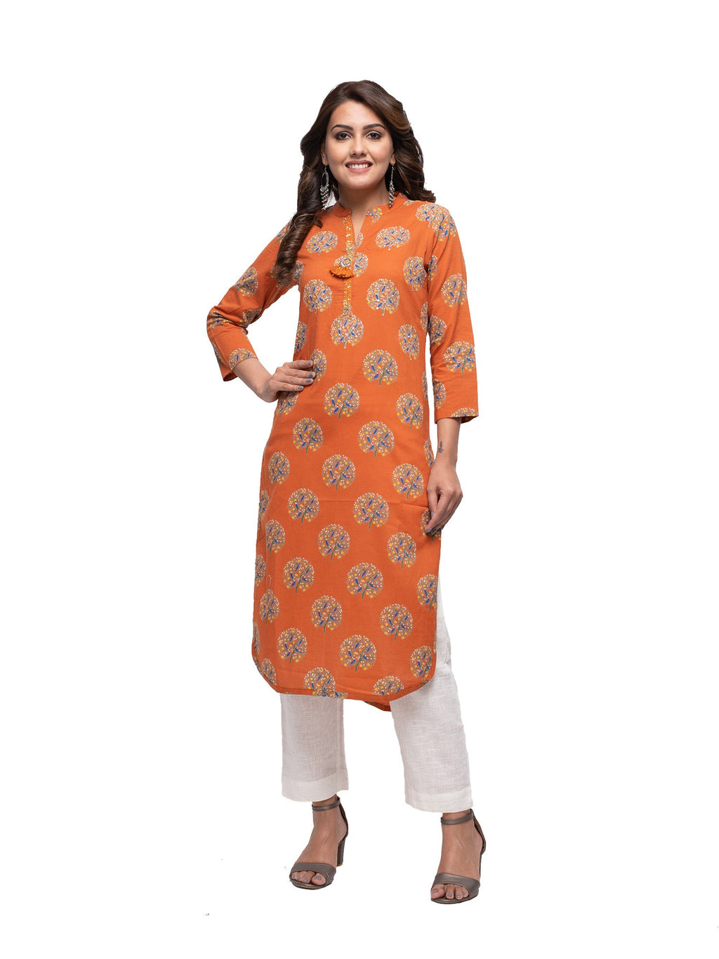 Kaajh Women's Orange Block Print kurta | Grocsy