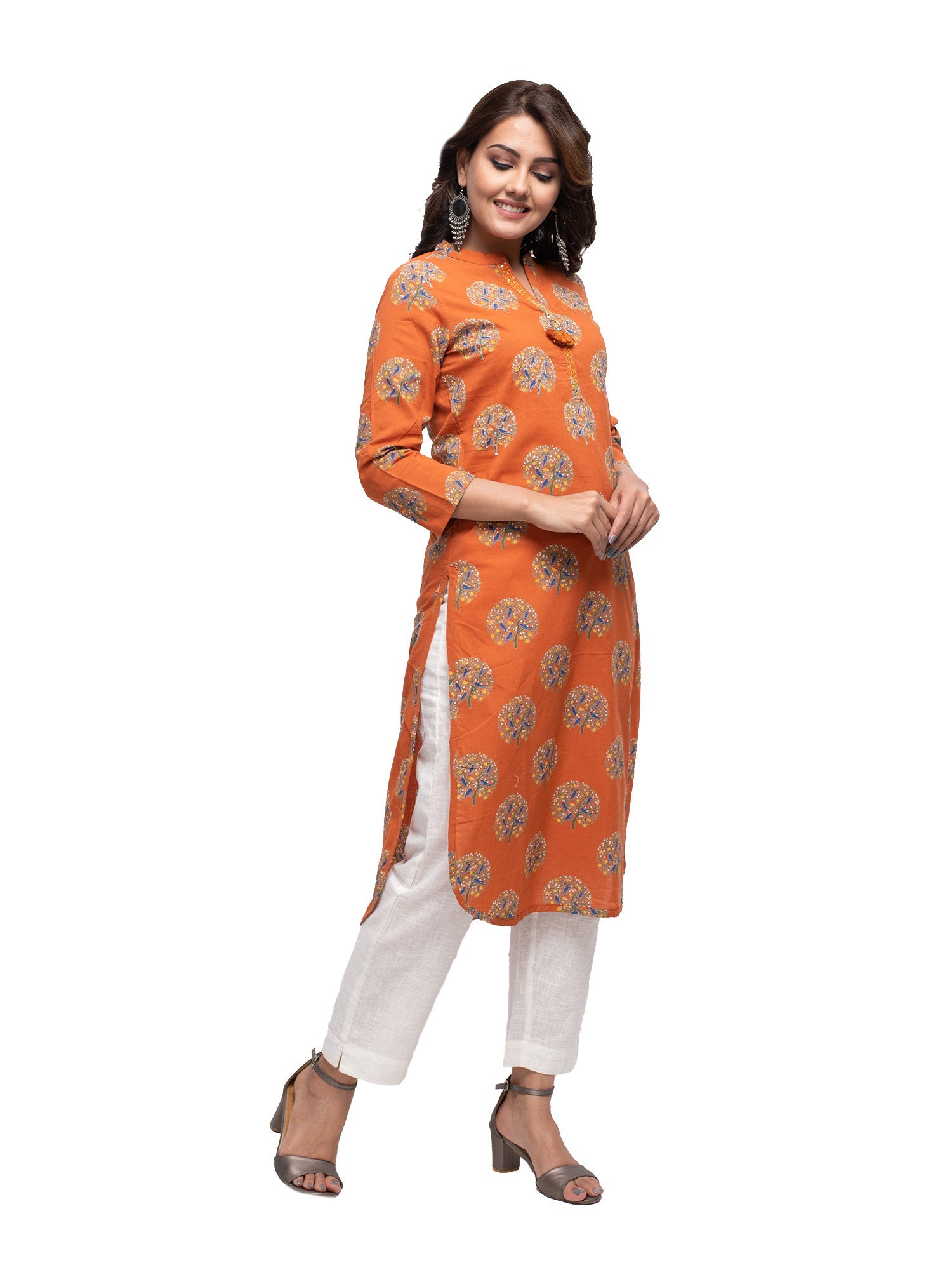 Kaajh Women's Orange Block Print kurta | Grocsy