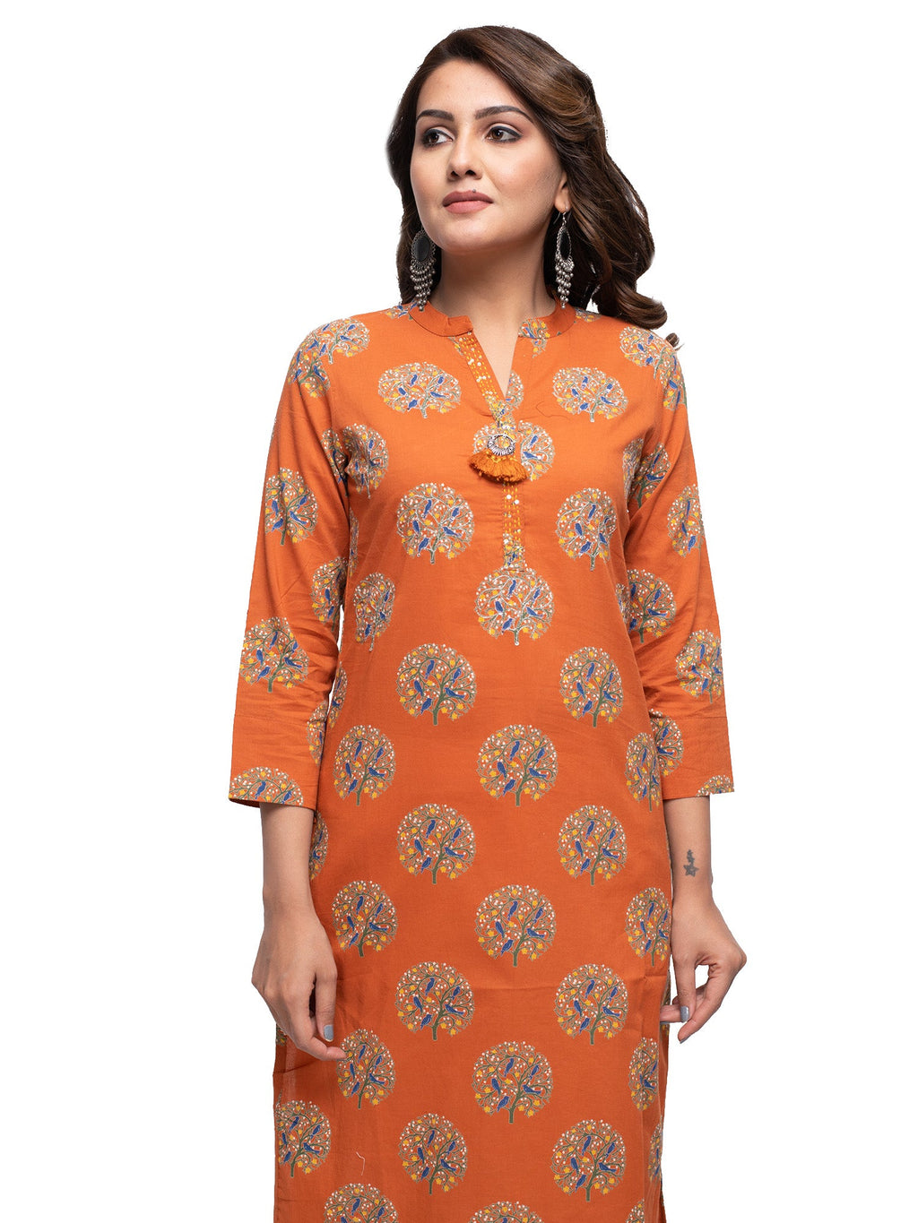 Kaajh Women's Orange Block Print kurta | Grocsy