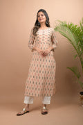 Kaajh Women's Beige Printed Kurta Pant Set | Grocsy