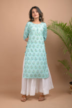 Kaajh Women's Sky Blue Floral Print kurta | Grocsy