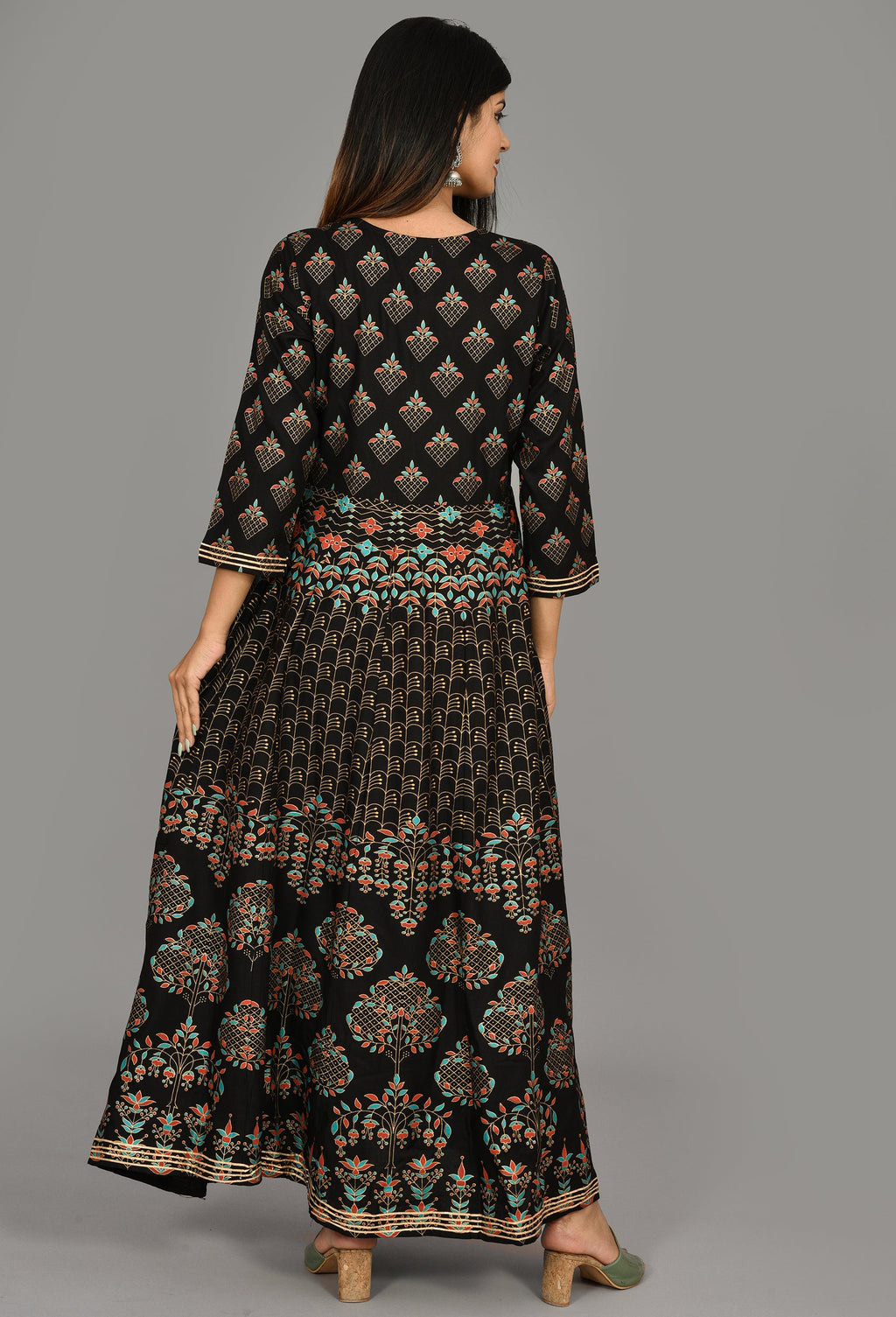 Kaajh Women's Black Gold Print Anarkali kurta | Grocsy