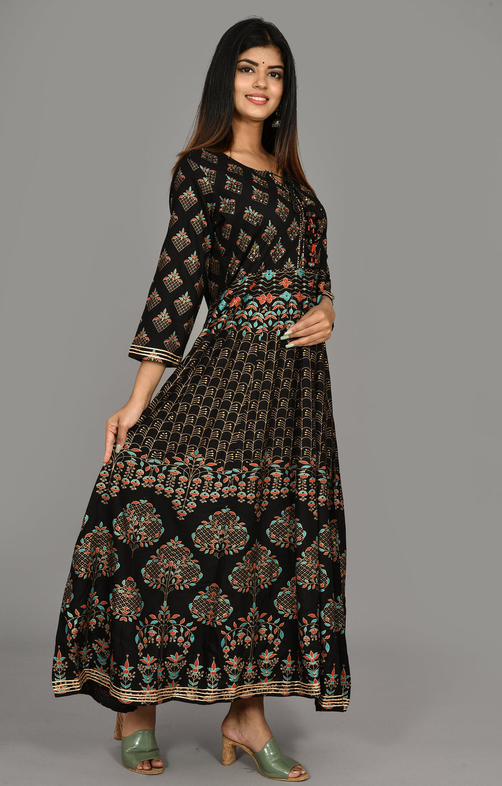 Kaajh Women's Black Gold Print Anarkali kurta | Grocsy