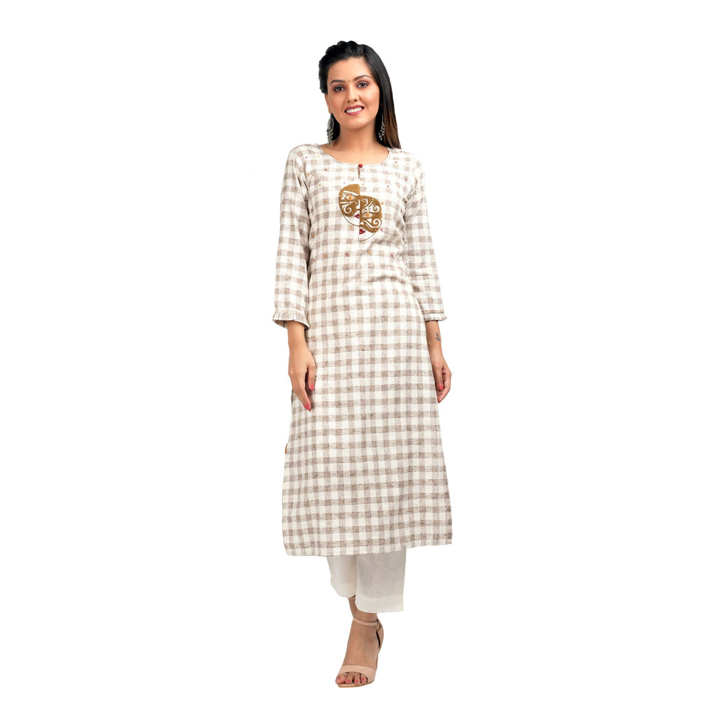 Kaajh Women's Off White Thread Embroidery Kurta | Grocsy