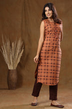 Kaajh Women's Brown Sleeveless Printed Kurta Pant Set | Grocsy