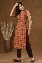 Kaajh Women's Brown Sleeveless Printed Kurta Pant Set | Grocsy