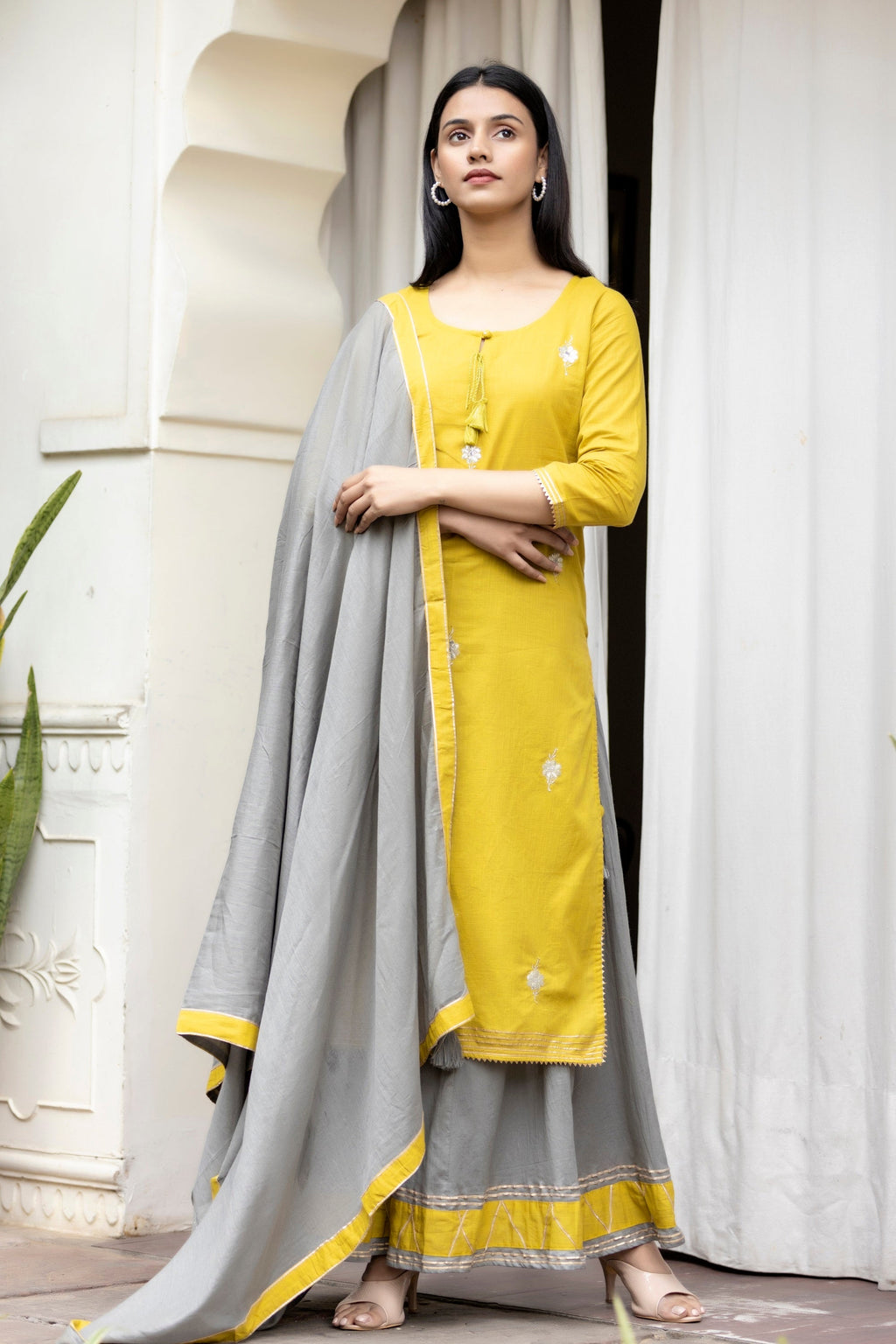 Kaajh Women's Lemon Grey Print Suit Set | Grocsy