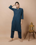 Kaajh Women's Navy Blue Solid Cotton Kurta Pant Set | Grocsy