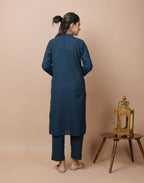 Kaajh Women's Navy Blue Solid Cotton Kurta Pant Set | Grocsy