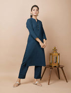 Kaajh Women's Navy Blue Solid Cotton Kurta Pant Set | Grocsy
