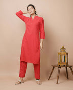 Kaajh Women's Red Solid Cotton Kurta Pant Set | Grocsy