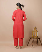 Kaajh Women's Red Solid Cotton Kurta Pant Set | Grocsy