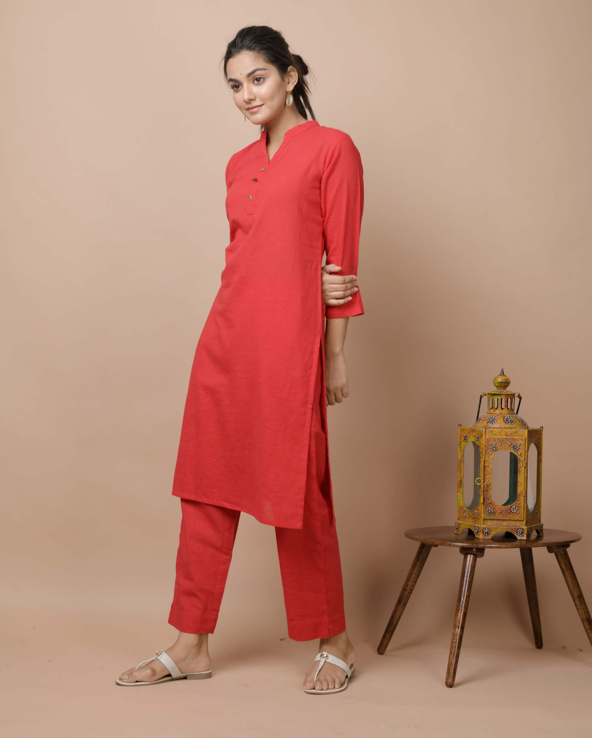 Kaajh Women's Red Solid Cotton Kurta Pant Set | Grocsy